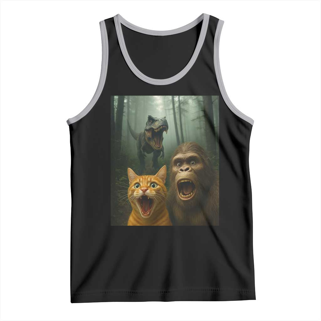 Cat Bigfoot Selfie With Dinosaur Tank Top Funny Surprised Scared Sasquatch Cat TS14 Black Athletic Heather Print Your Wear