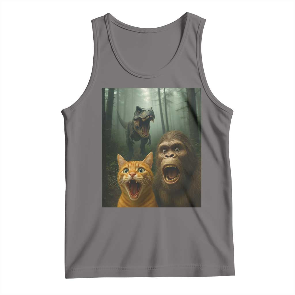 Cat Bigfoot Selfie With Dinosaur Tank Top Funny Surprised Scared Sasquatch Cat TS14 Deep Heather Print Your Wear