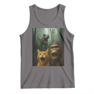 Cat Bigfoot Selfie With Dinosaur Tank Top Funny Surprised Scared Sasquatch Cat TS14 Deep Heather Print Your Wear