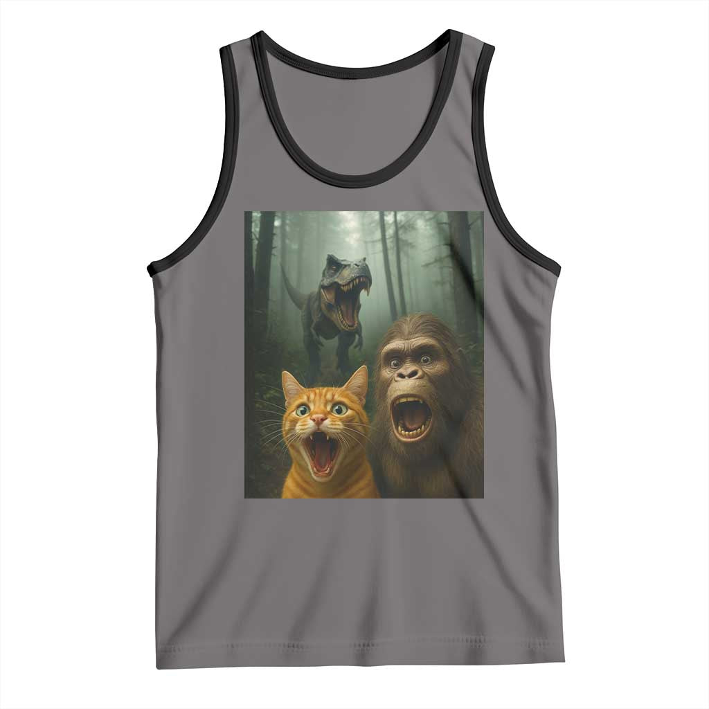 Cat Bigfoot Selfie With Dinosaur Tank Top Funny Surprised Scared Sasquatch Cat TS14 Deep Heather Black Print Your Wear