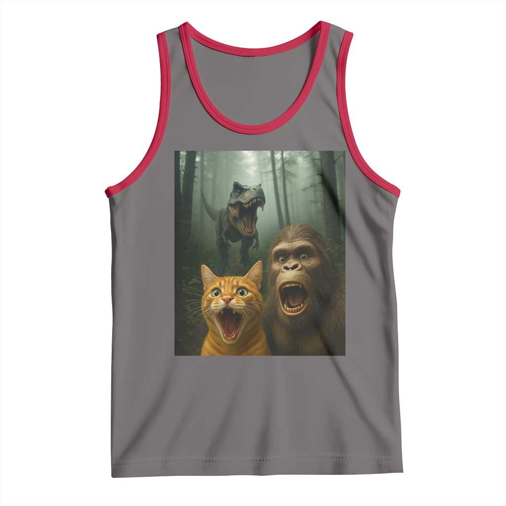 Cat Bigfoot Selfie With Dinosaur Tank Top Funny Surprised Scared Sasquatch Cat TS14 Deep Heather Red Print Your Wear