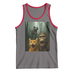 Cat Bigfoot Selfie With Dinosaur Tank Top Funny Surprised Scared Sasquatch Cat TS14 Deep Heather Red Print Your Wear