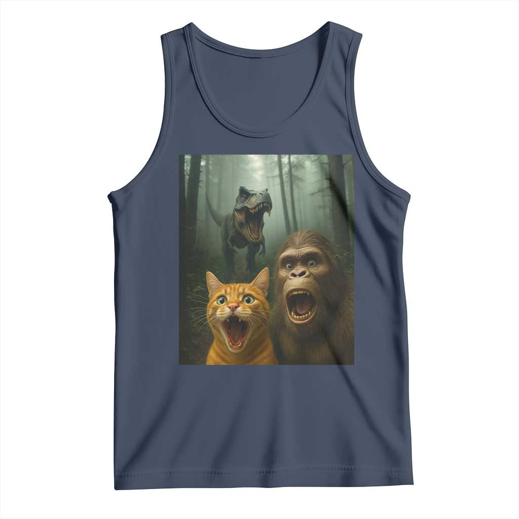 Cat Bigfoot Selfie With Dinosaur Tank Top Funny Surprised Scared Sasquatch Cat TS14 Navy Print Your Wear
