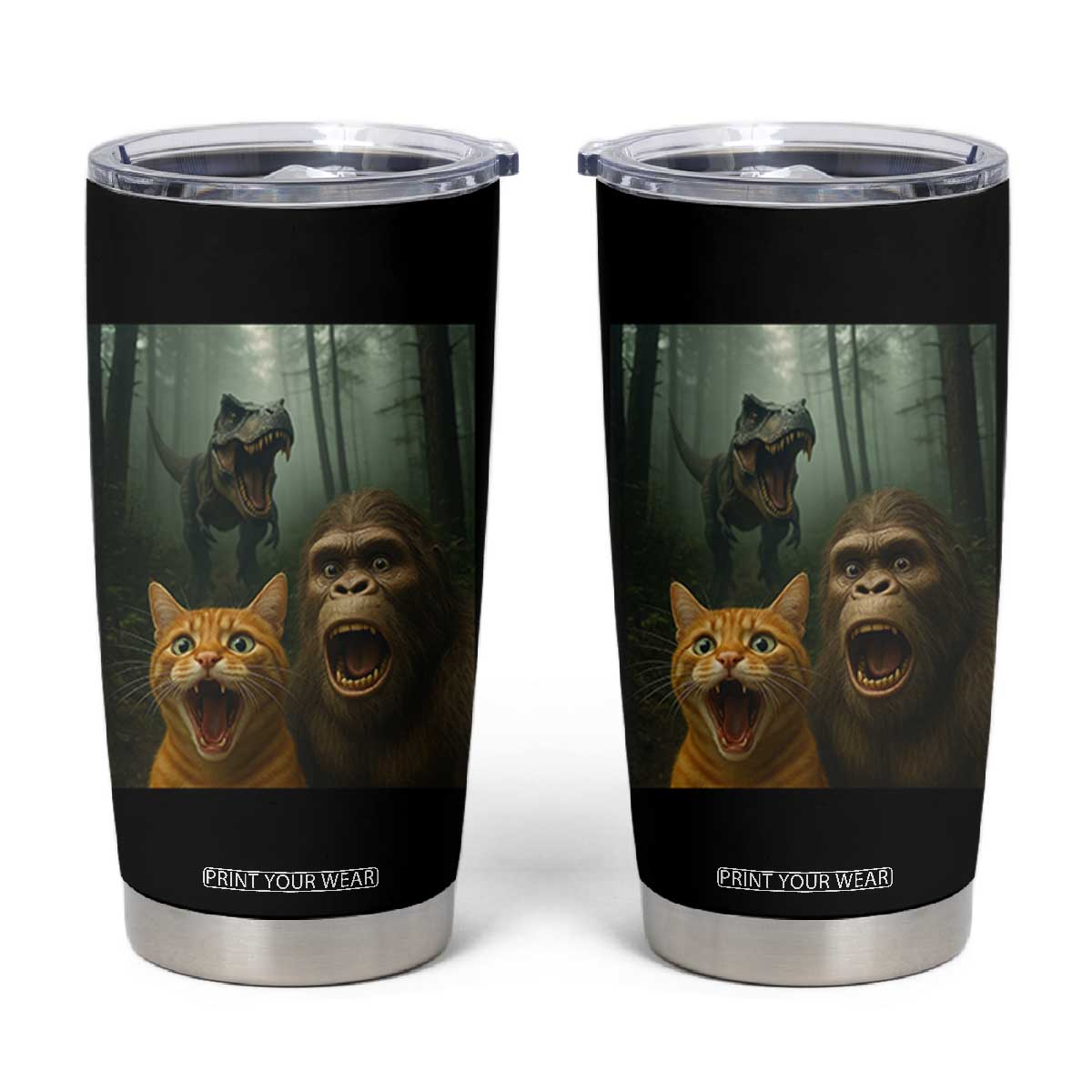Cat Bigfoot Selfie With Dinosaur Tumbler Cup Funny Surprised Scared Sasquatch Cat TS14 Black Print Your Wear
