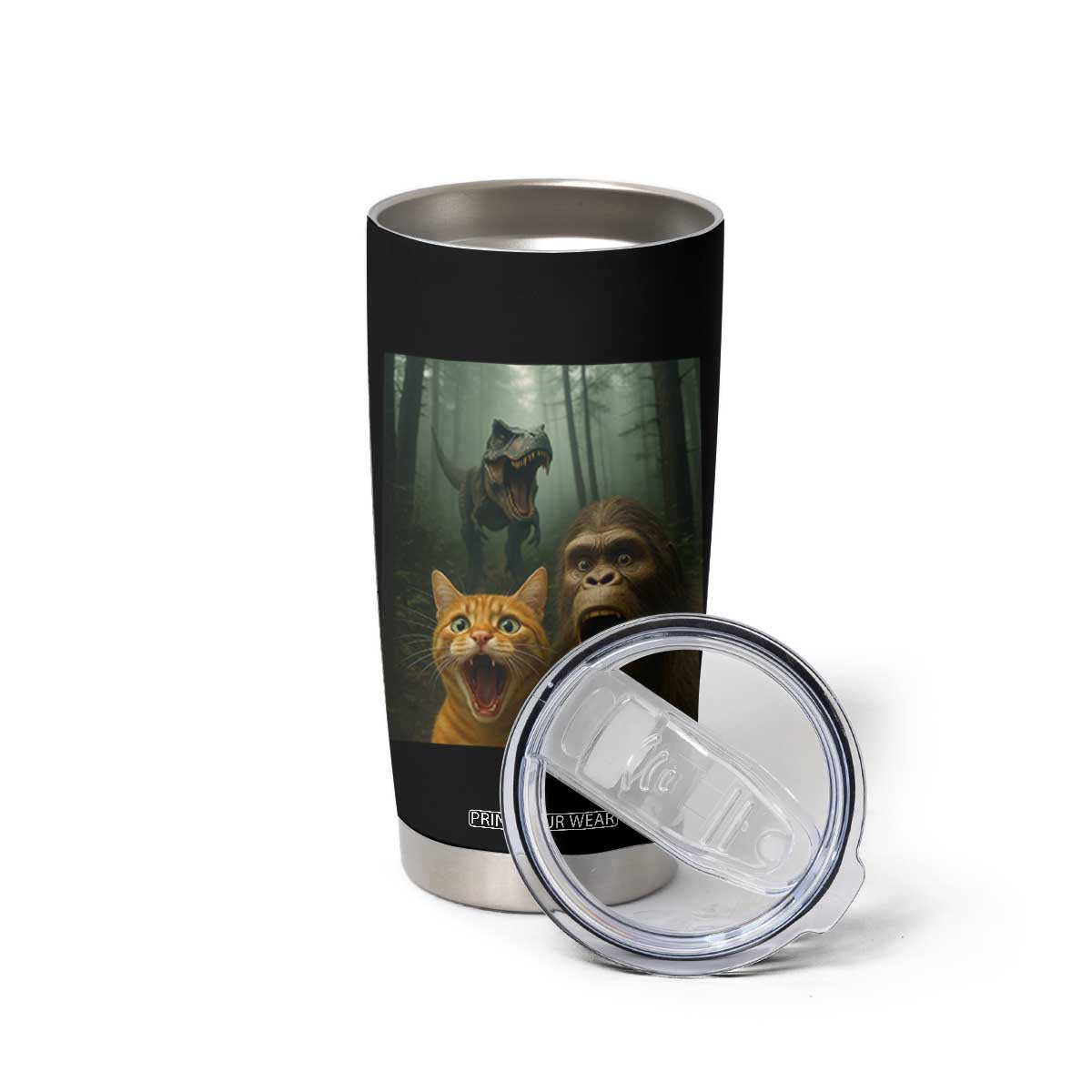 Cat Bigfoot Selfie With Dinosaur Tumbler Cup Funny Surprised Scared Sasquatch Cat TS14 Print Your Wear