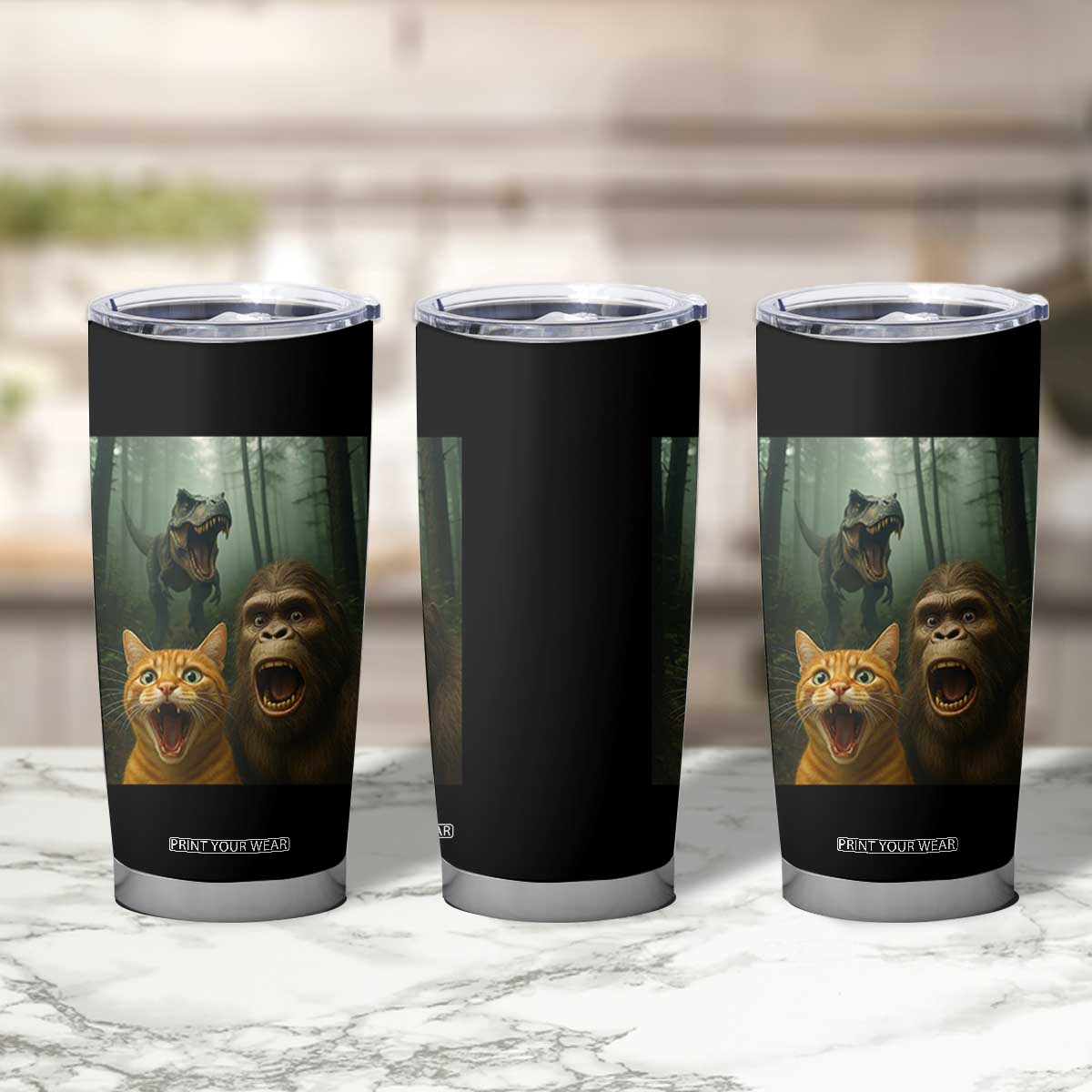Cat Bigfoot Selfie With Dinosaur Tumbler Cup Funny Surprised Scared Sasquatch Cat TS14 Print Your Wear