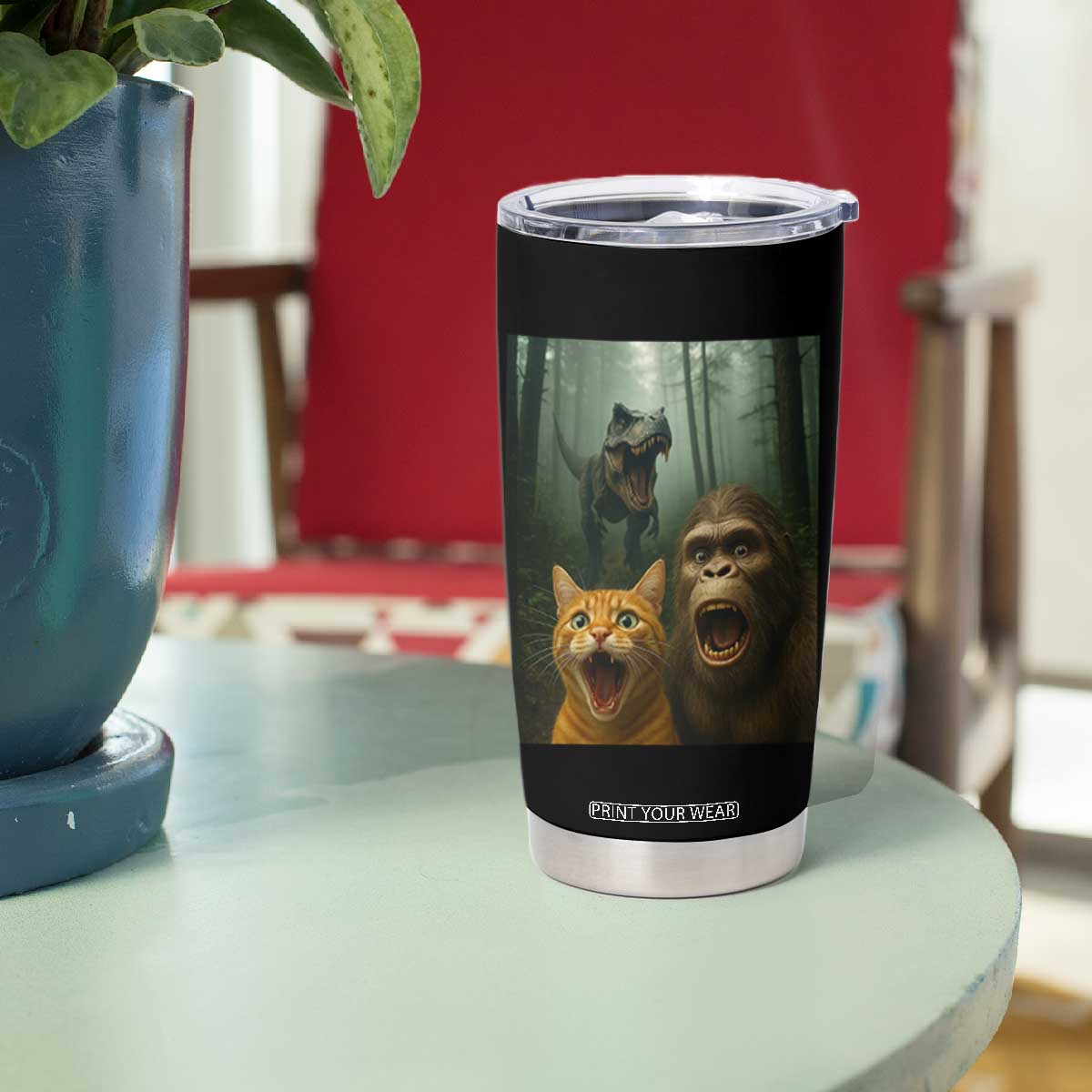 Cat Bigfoot Selfie With Dinosaur Tumbler Cup Funny Surprised Scared Sasquatch Cat TS14 Print Your Wear