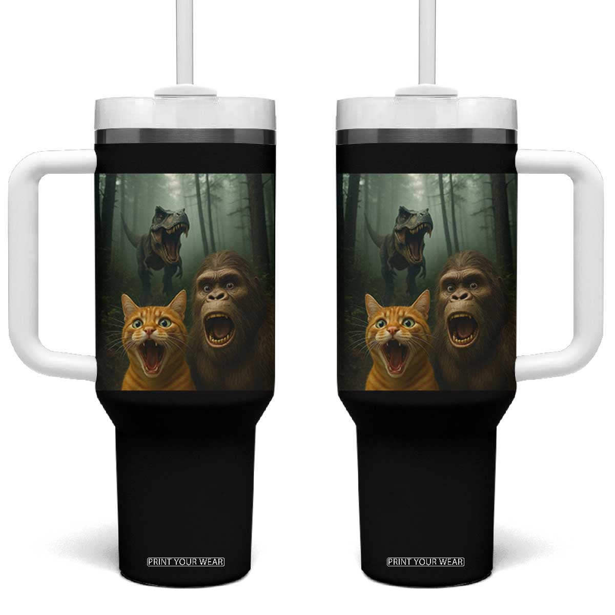 Cat Bigfoot Selfie With Dinosaur Tumbler With Handle Funny Surprised Scared Sasquatch Cat TS14 One Size: 40 oz Black Print Your Wear