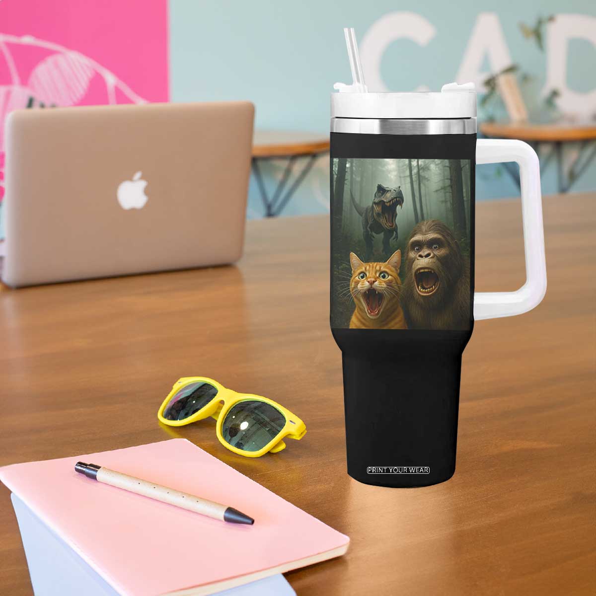 Cat Bigfoot Selfie With Dinosaur Tumbler With Handle Funny Surprised Scared Sasquatch Cat TS14 Print Your Wear