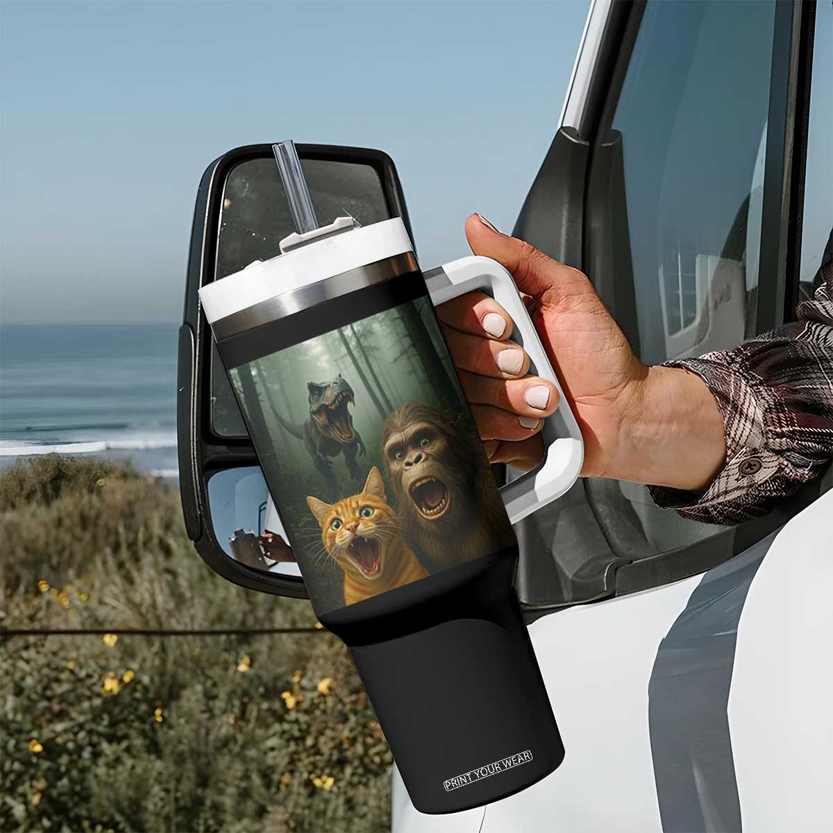 Cat Bigfoot Selfie With Dinosaur Tumbler With Handle Funny Surprised Scared Sasquatch Cat TS14 Print Your Wear