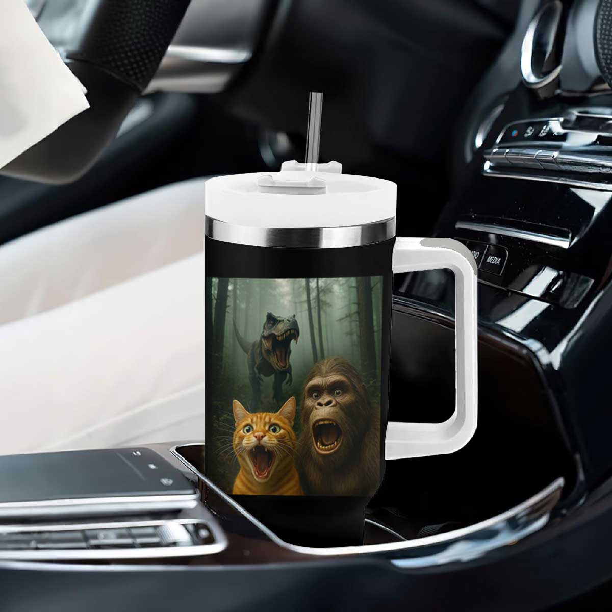Cat Bigfoot Selfie With Dinosaur Tumbler With Handle Funny Surprised Scared Sasquatch Cat TS14 Print Your Wear