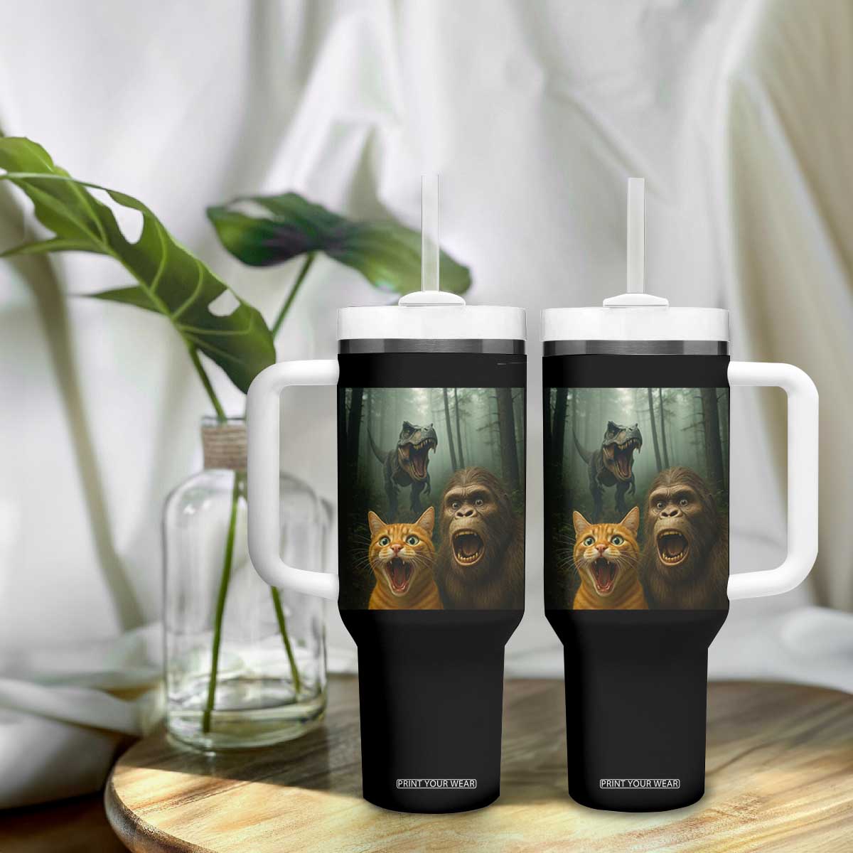 Cat Bigfoot Selfie With Dinosaur Tumbler With Handle Funny Surprised Scared Sasquatch Cat TS14 Print Your Wear