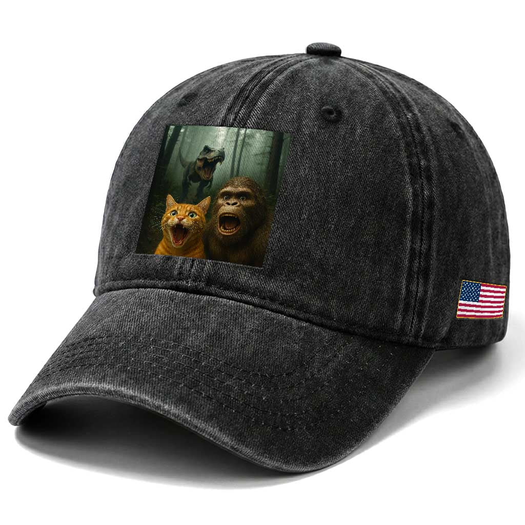 Cat Bigfoot Selfie With Dinosaur Washed Cotton Baseball Cap Funny Surprised Scared Sasquatch Cat TS14 Print Your Wear