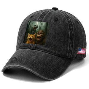 Cat Bigfoot Selfie With Dinosaur Washed Cotton Baseball Cap Funny Surprised Scared Sasquatch Cat TS14 Print Your Wear