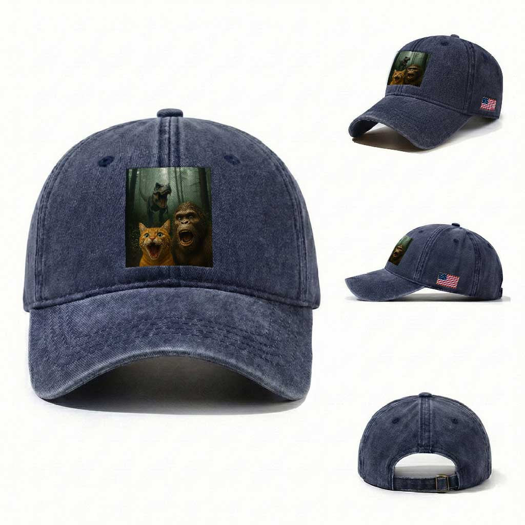 Cat Bigfoot Selfie With Dinosaur Washed Cotton Baseball Cap Funny Surprised Scared Sasquatch Cat TS14 Washed Cap Universal Fit Navy Print Your Wear
