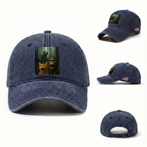 Cat Bigfoot Selfie With Dinosaur Washed Cotton Baseball Cap Funny Surprised Scared Sasquatch Cat TS14 Washed Cap Universal Fit Navy Print Your Wear