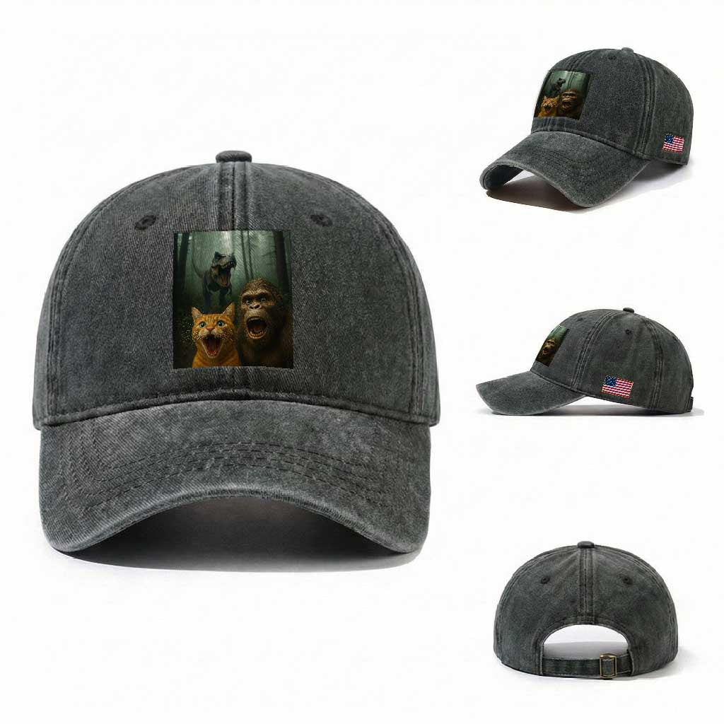 Cat Bigfoot Selfie With Dinosaur Washed Cotton Baseball Cap Funny Surprised Scared Sasquatch Cat TS14 Washed Cap Universal Fit Dark Green Print Your Wear