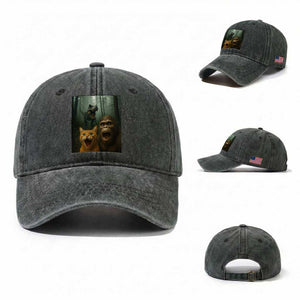Cat Bigfoot Selfie With Dinosaur Washed Cotton Baseball Cap Funny Surprised Scared Sasquatch Cat TS14 Washed Cap Universal Fit Dark Green Print Your Wear