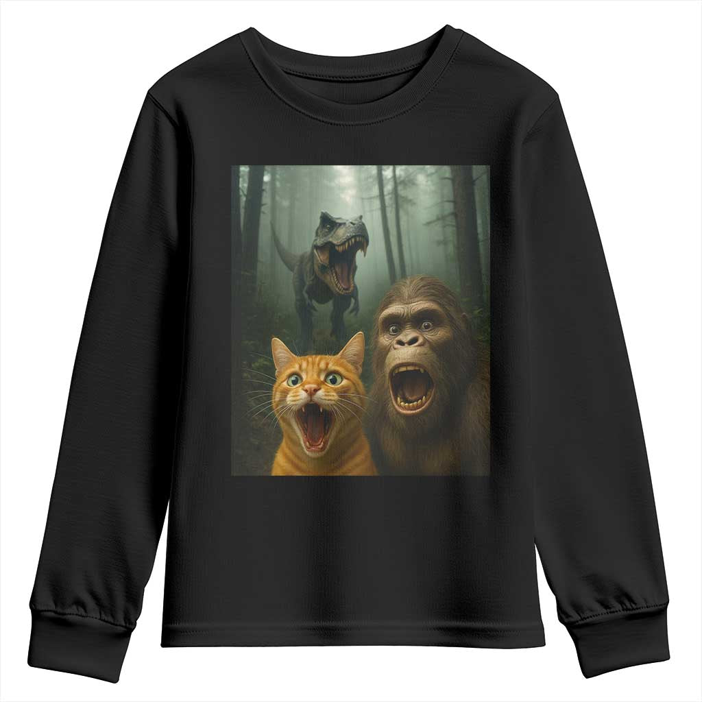 Cat Bigfoot Selfie With Dinosaur Youth Sweatshirt Funny Surprised Scared Sasquatch Cat TS14 Black Print Your Wear