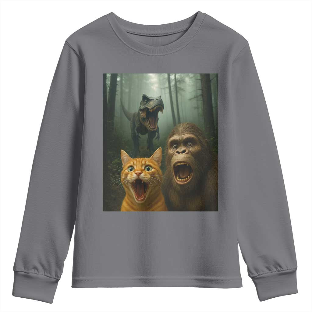 Cat Bigfoot Selfie With Dinosaur Youth Sweatshirt Funny Surprised Scared Sasquatch Cat TS14 Charcoal Print Your Wear