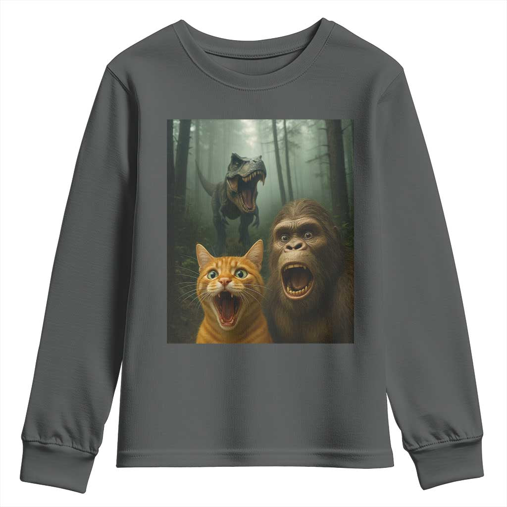 Cat Bigfoot Selfie With Dinosaur Youth Sweatshirt Funny Surprised Scared Sasquatch Cat TS14 Dark Heather Print Your Wear