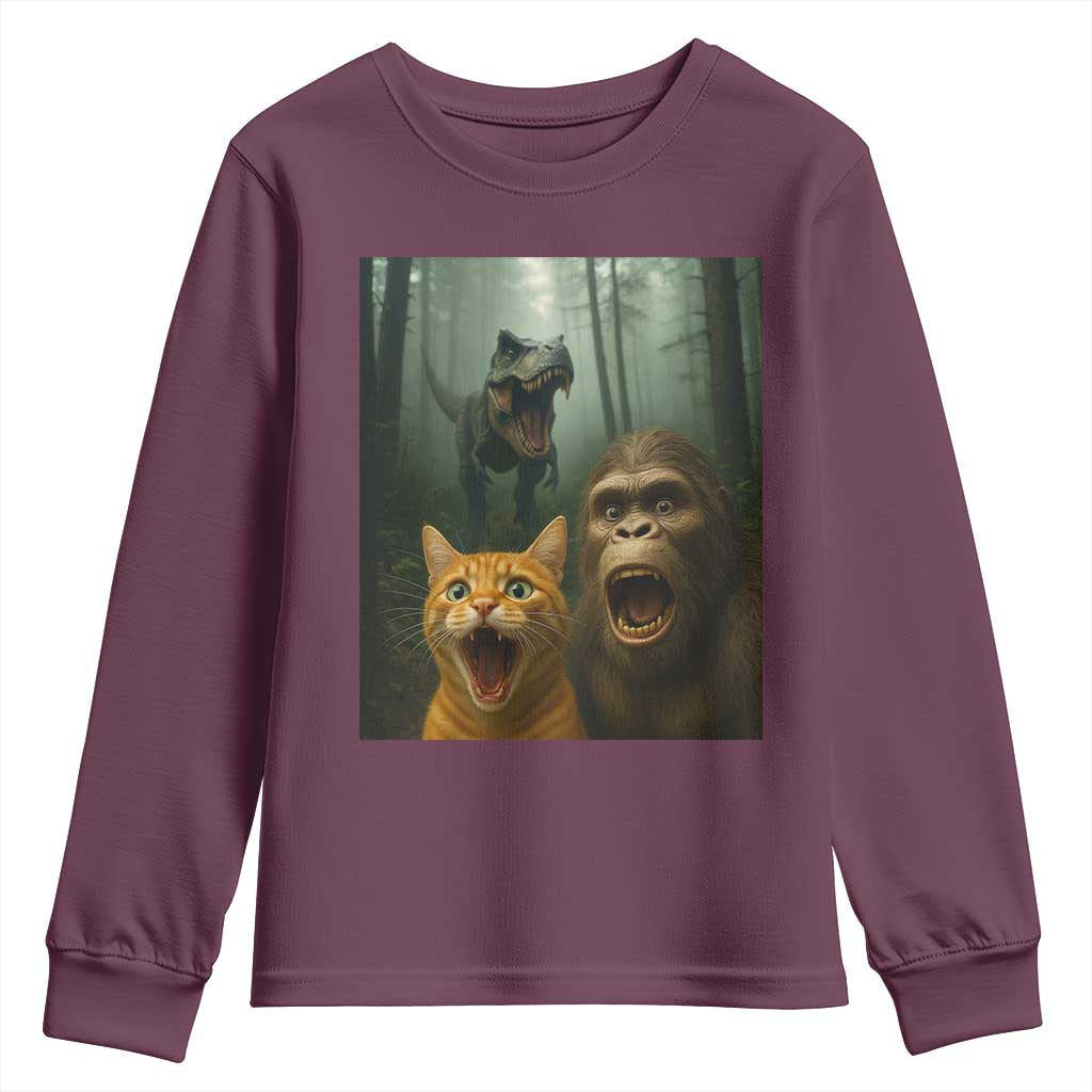 Cat Bigfoot Selfie With Dinosaur Youth Sweatshirt Funny Surprised Scared Sasquatch Cat TS14 Maroon Print Your Wear