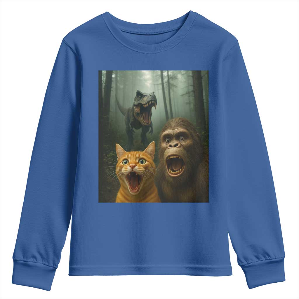 Cat Bigfoot Selfie With Dinosaur Youth Sweatshirt Funny Surprised Scared Sasquatch Cat TS14 Royal Blue Print Your Wear