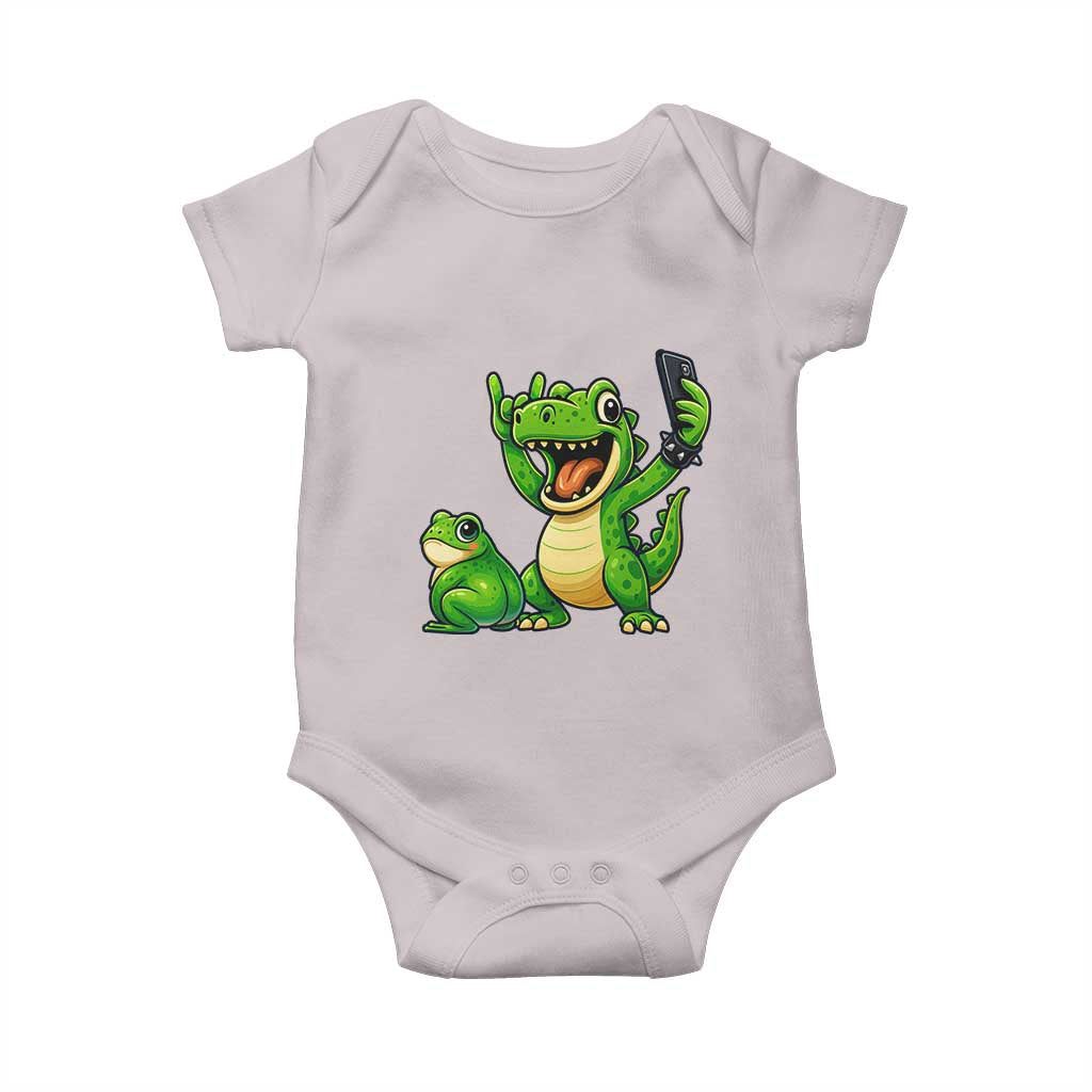 Funny Dinosaur Frog Selfie Baby Onesie Rock On Hand TS14 Ice Gray Print Your Wear
