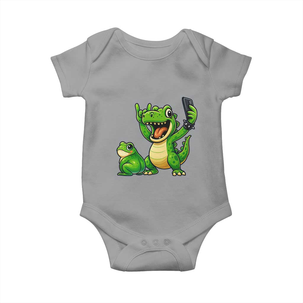 Funny Dinosaur Frog Selfie Baby Onesie Rock On Hand TS14 Sport Gray Print Your Wear