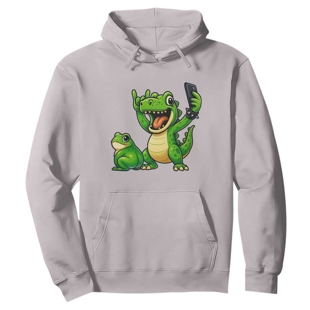 Funny Dinosaur Frog Selfie Hoodie Rock On Hand TS14 Ice Gray Print Your Wear