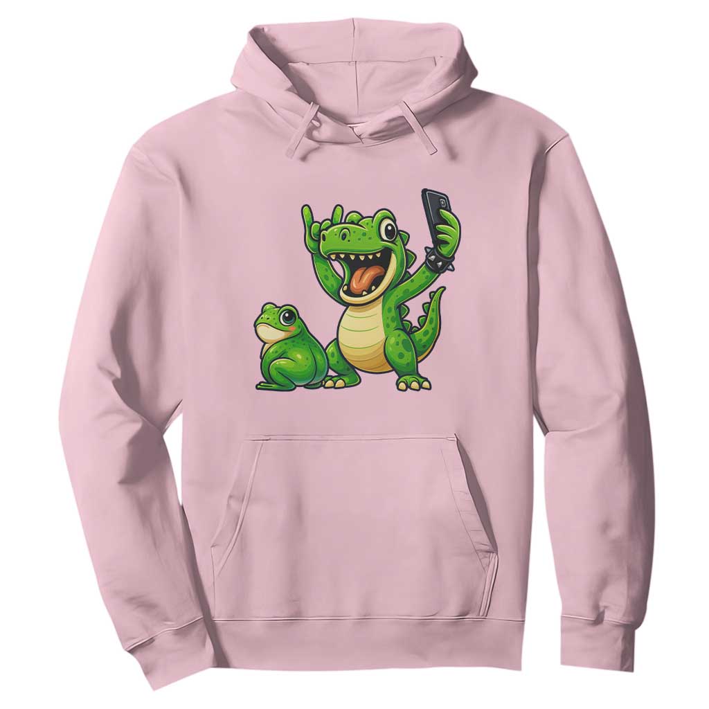 Funny Dinosaur Frog Selfie Hoodie Rock On Hand TS14 Light Pink Print Your Wear