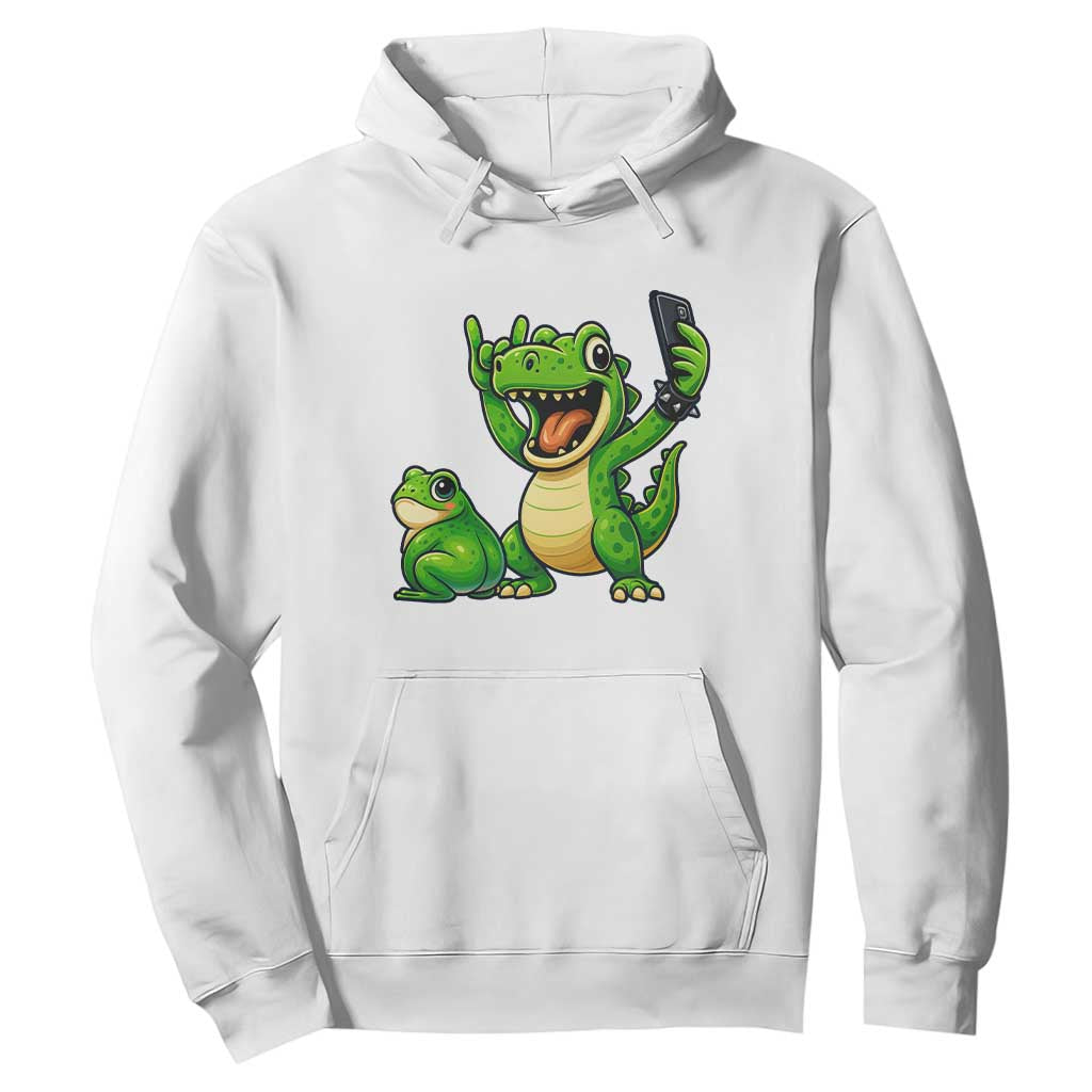 Funny Dinosaur Frog Selfie Hoodie Rock On Hand TS14 White Print Your Wear