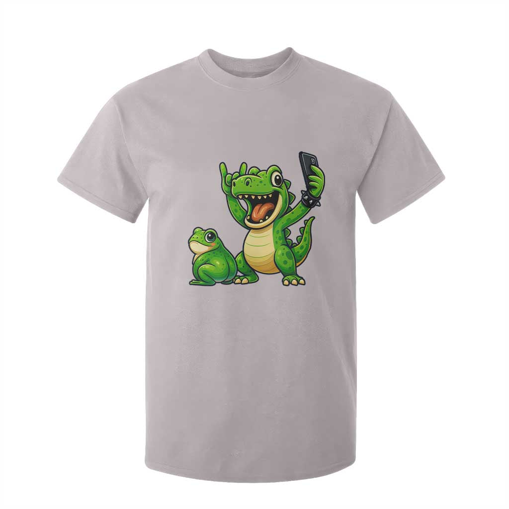 Funny Dinosaur Frog Selfie T Shirt For Kid Rock On Hand TS14 Ice Gray Print Your Wear