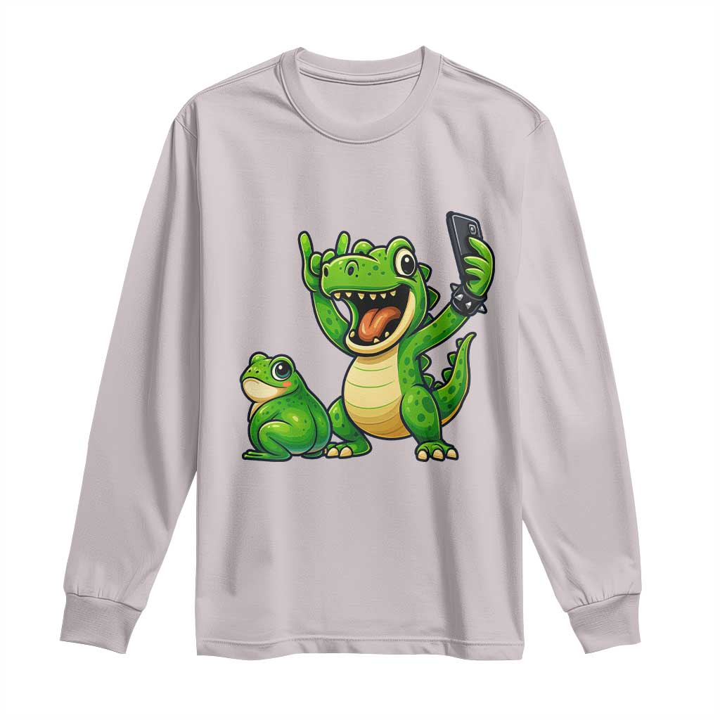 Funny Dinosaur Frog Selfie Long Sleeve Shirt Rock On Hand TS14 Ice Gray Print Your Wear
