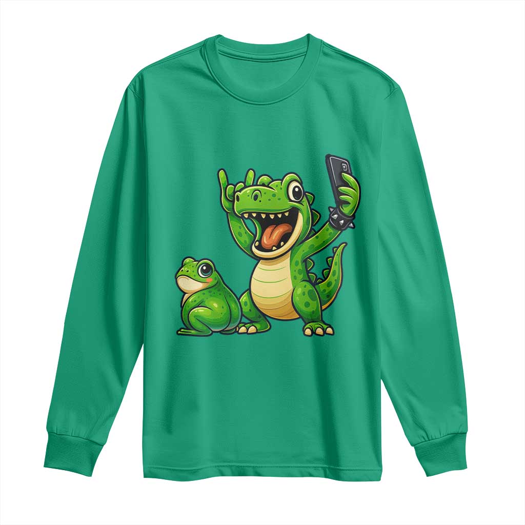 Funny Dinosaur Frog Selfie Long Sleeve Shirt Rock On Hand TS14 Irish Green Print Your Wear
