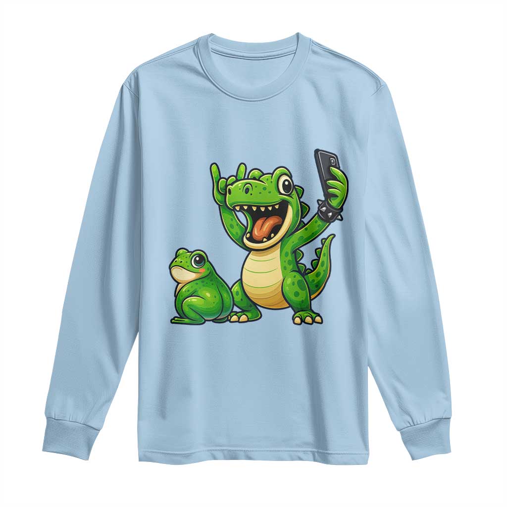 Funny Dinosaur Frog Selfie Long Sleeve Shirt Rock On Hand TS14 Light Blue Print Your Wear