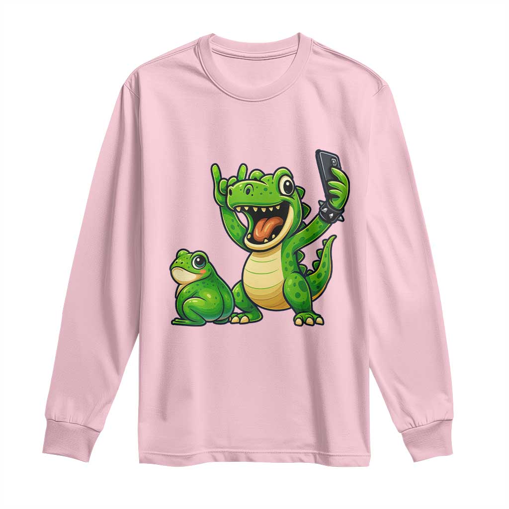 Funny Dinosaur Frog Selfie Long Sleeve Shirt Rock On Hand TS14 Light Pink Print Your Wear