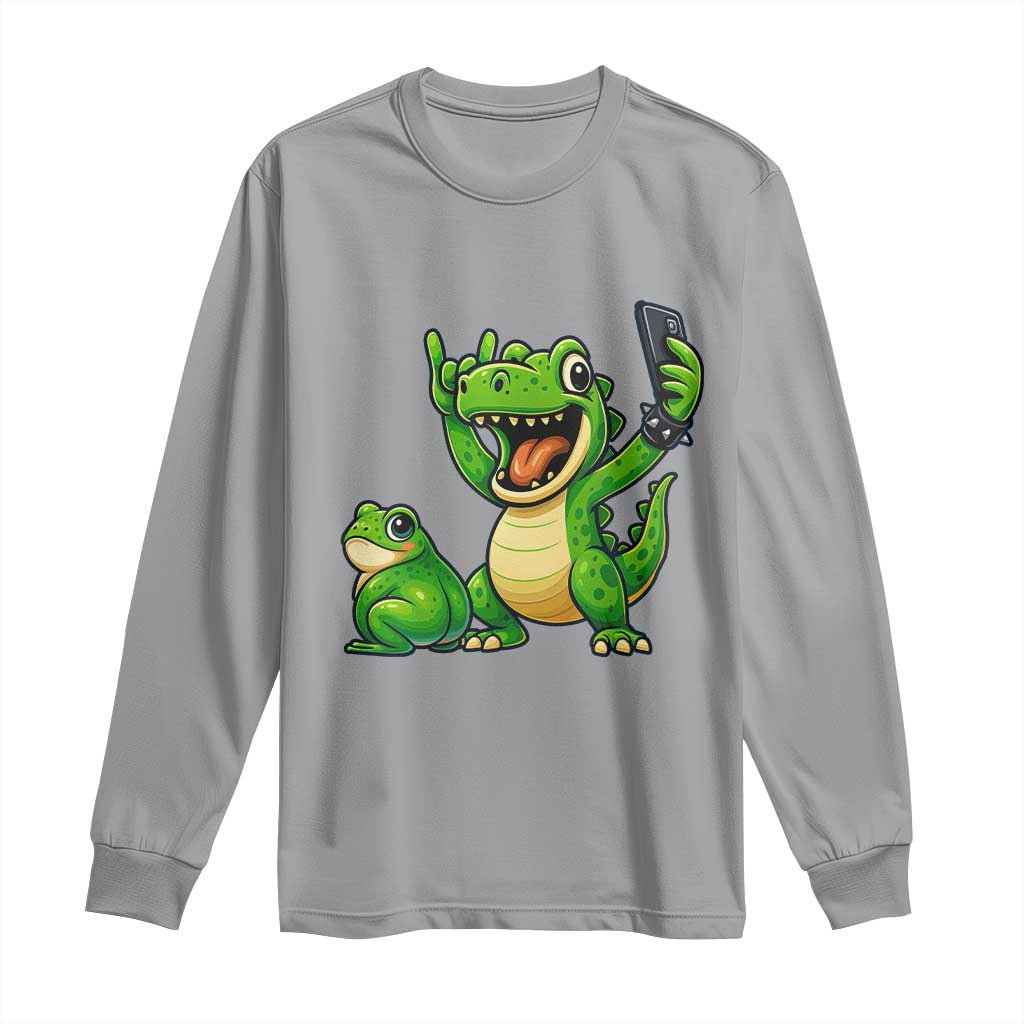 Funny Dinosaur Frog Selfie Long Sleeve Shirt Rock On Hand TS14 Sport Gray Print Your Wear