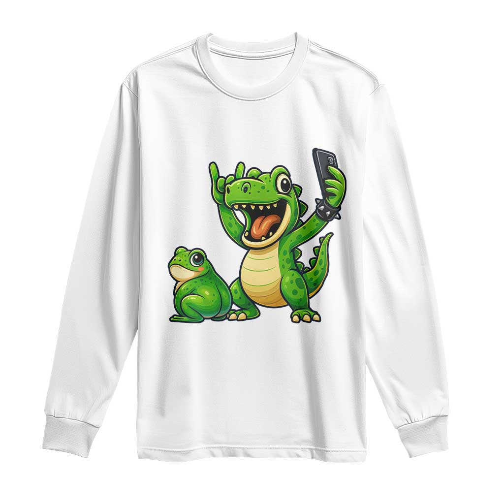 Funny Dinosaur Frog Selfie Long Sleeve Shirt Rock On Hand TS14 White Print Your Wear