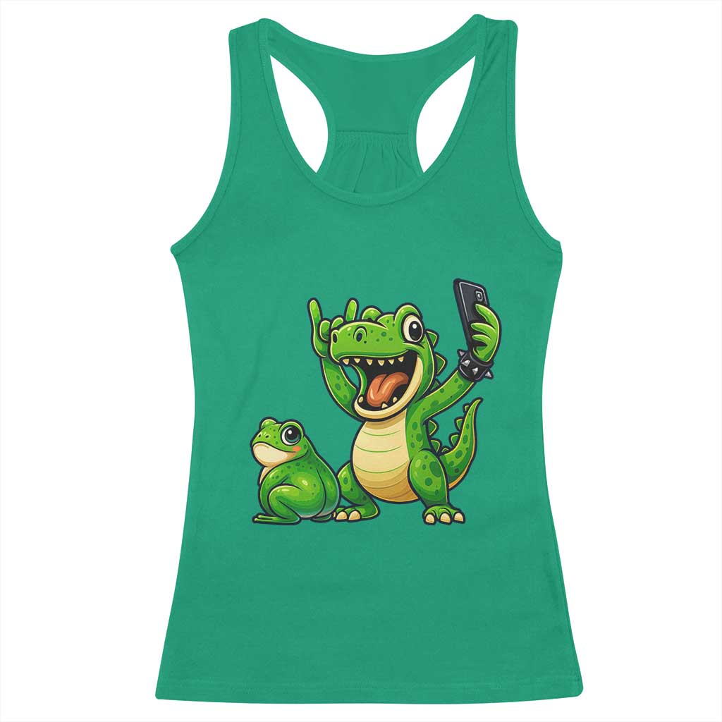 Funny Dinosaur Frog Selfie Racerback Tank Top Rock On Hand TS14 Irish Green Print Your Wear
