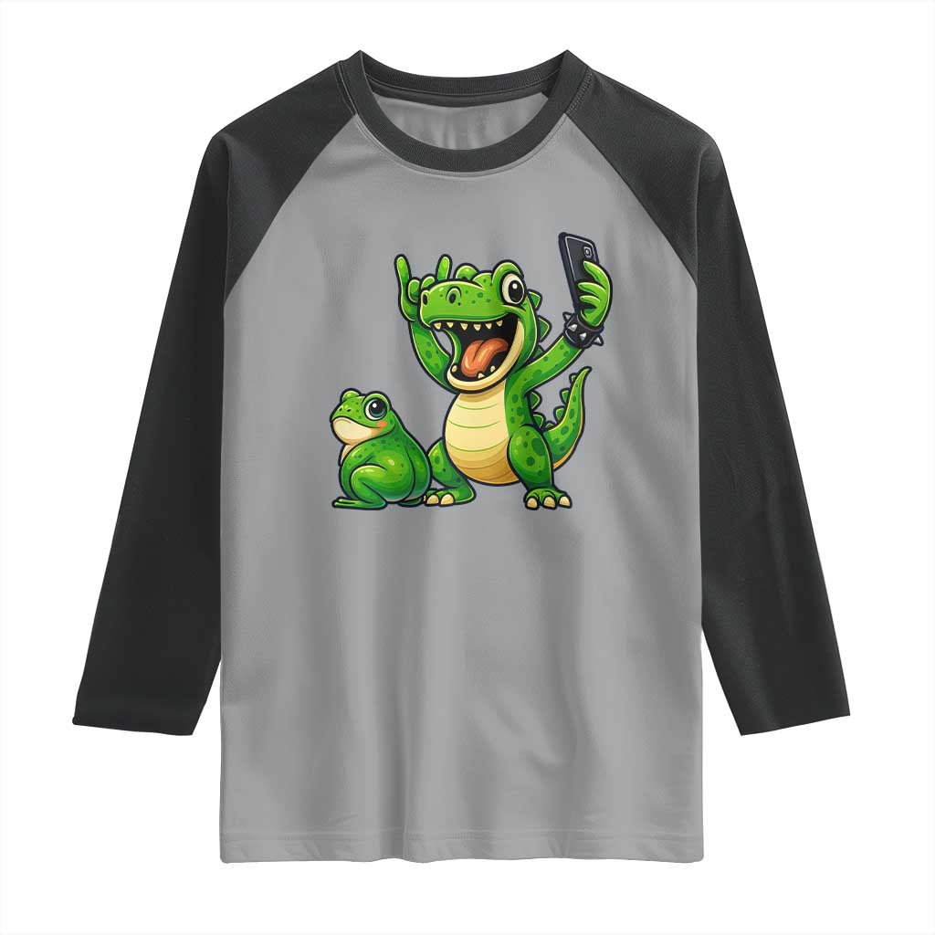 Funny Dinosaur Frog Selfie Raglan Shirt Rock On Hand TS14 Sport Gray Black Print Your Wear