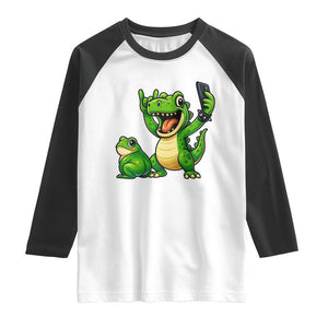 Funny Dinosaur Frog Selfie Raglan Shirt Rock On Hand TS14 White Black Print Your Wear
