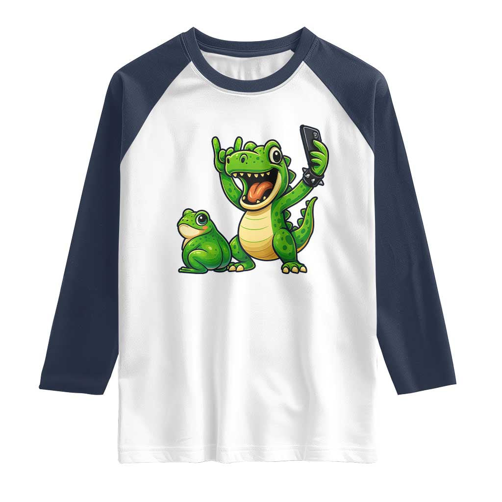 Funny Dinosaur Frog Selfie Raglan Shirt Rock On Hand TS14 White Navy Print Your Wear