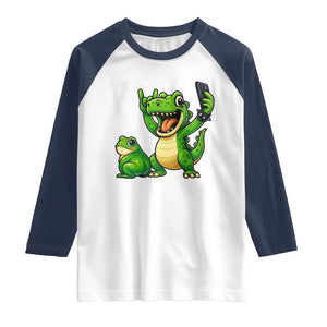 Funny Dinosaur Frog Selfie Raglan Shirt Rock On Hand TS14 White Navy Print Your Wear