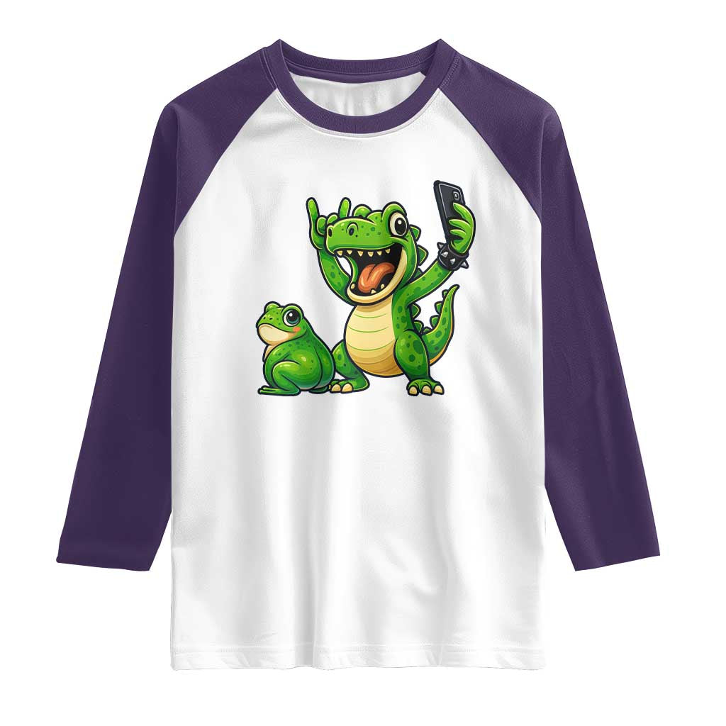 Funny Dinosaur Frog Selfie Raglan Shirt Rock On Hand TS14 White Purple Print Your Wear