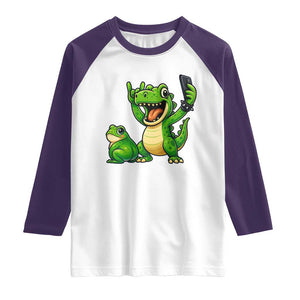 Funny Dinosaur Frog Selfie Raglan Shirt Rock On Hand TS14 White Purple Print Your Wear