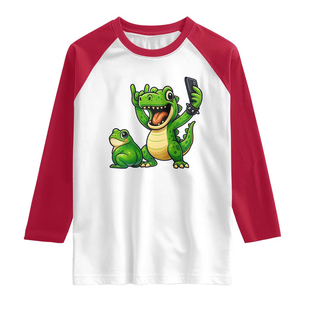 Funny Dinosaur Frog Selfie Raglan Shirt Rock On Hand TS14 White Red Print Your Wear