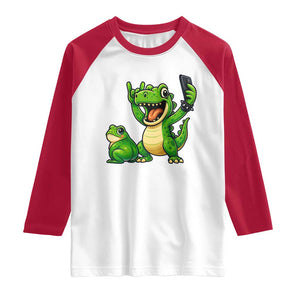 Funny Dinosaur Frog Selfie Raglan Shirt Rock On Hand TS14 White Red Print Your Wear