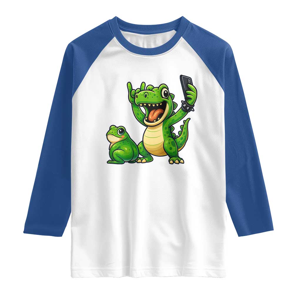 Funny Dinosaur Frog Selfie Raglan Shirt Rock On Hand TS14 White Royal Print Your Wear