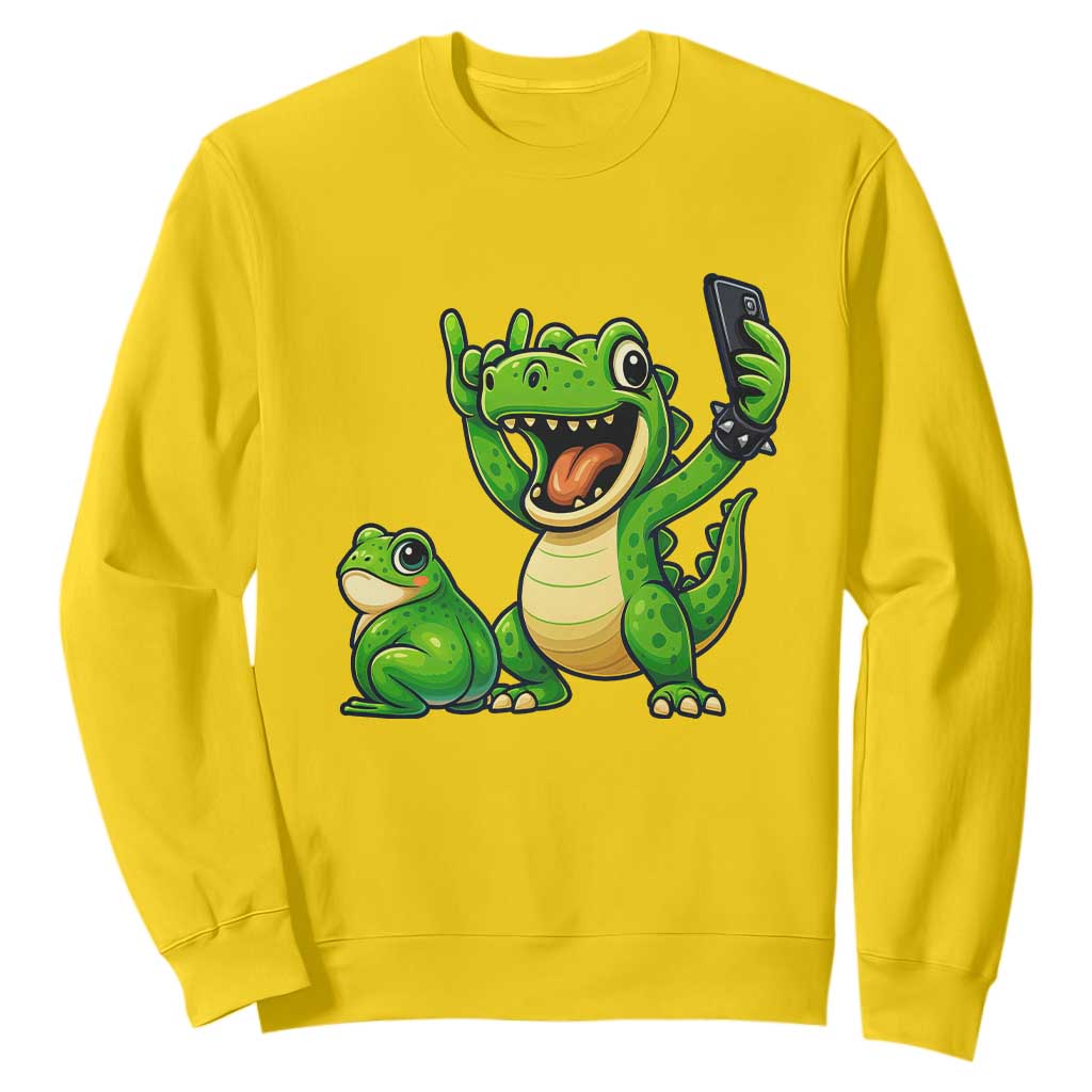 Funny Dinosaur Frog Selfie Sweatshirt Rock On Hand TS14 Daisy Print Your Wear